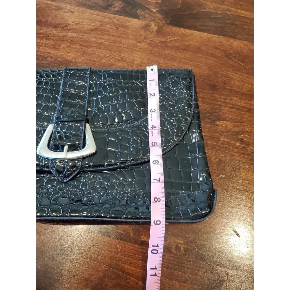 White House Black Market Black Croc Purse Clutch Handbag Silver Buckle Large